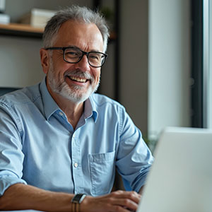smiling man on laptop in home office